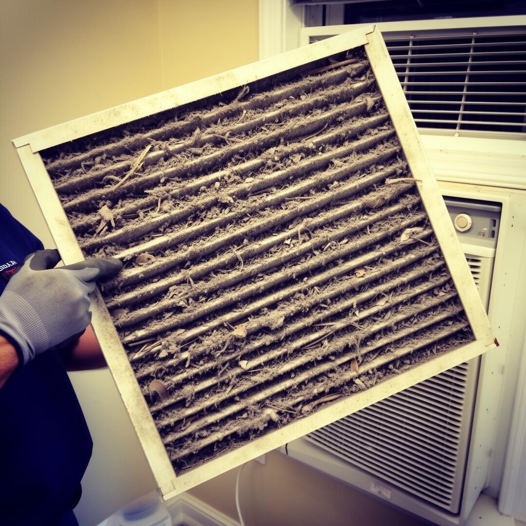 Clogged dirty air filter pulled from a Long Beach CA home AC system