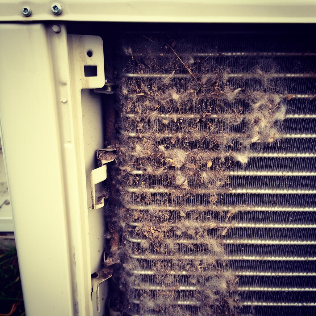 Dirty AC condenser coil packed with salt buildup and debris at a Long Beach CA home