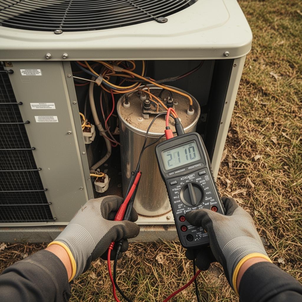 HVAC tech testing an AC capacitor with a multimeter on a Long Beach CA service call
